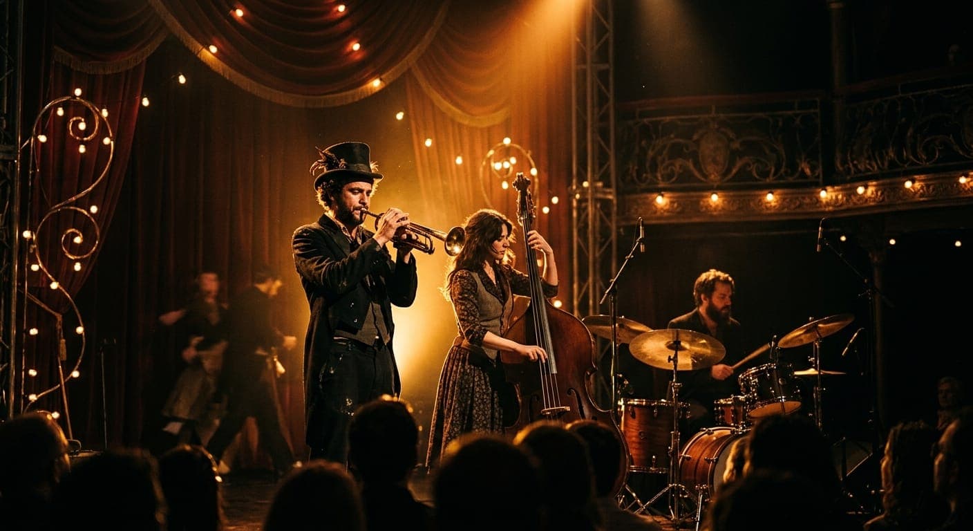 Trompettiste en haut-de-forme, contrebassiste et batteur sur une scène de cabaret illuminée