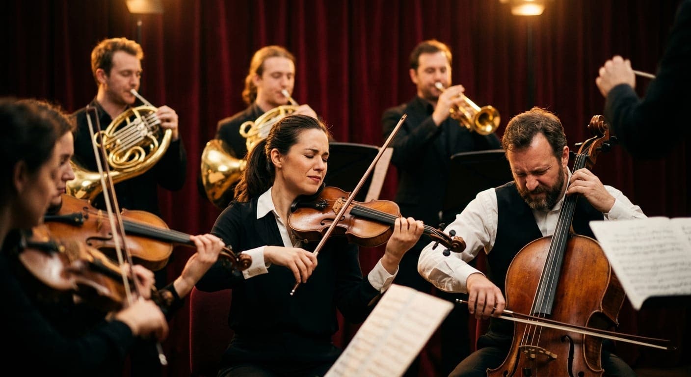 Violonistes, violoncelliste et cuivres jouant avec intensité devant un rideau de velours rouge