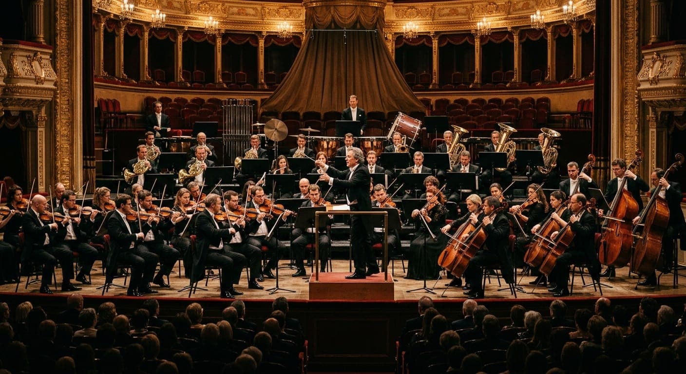 Orchestre symphonique et son chef sur la scène d'un opéra aux dorures anciennes