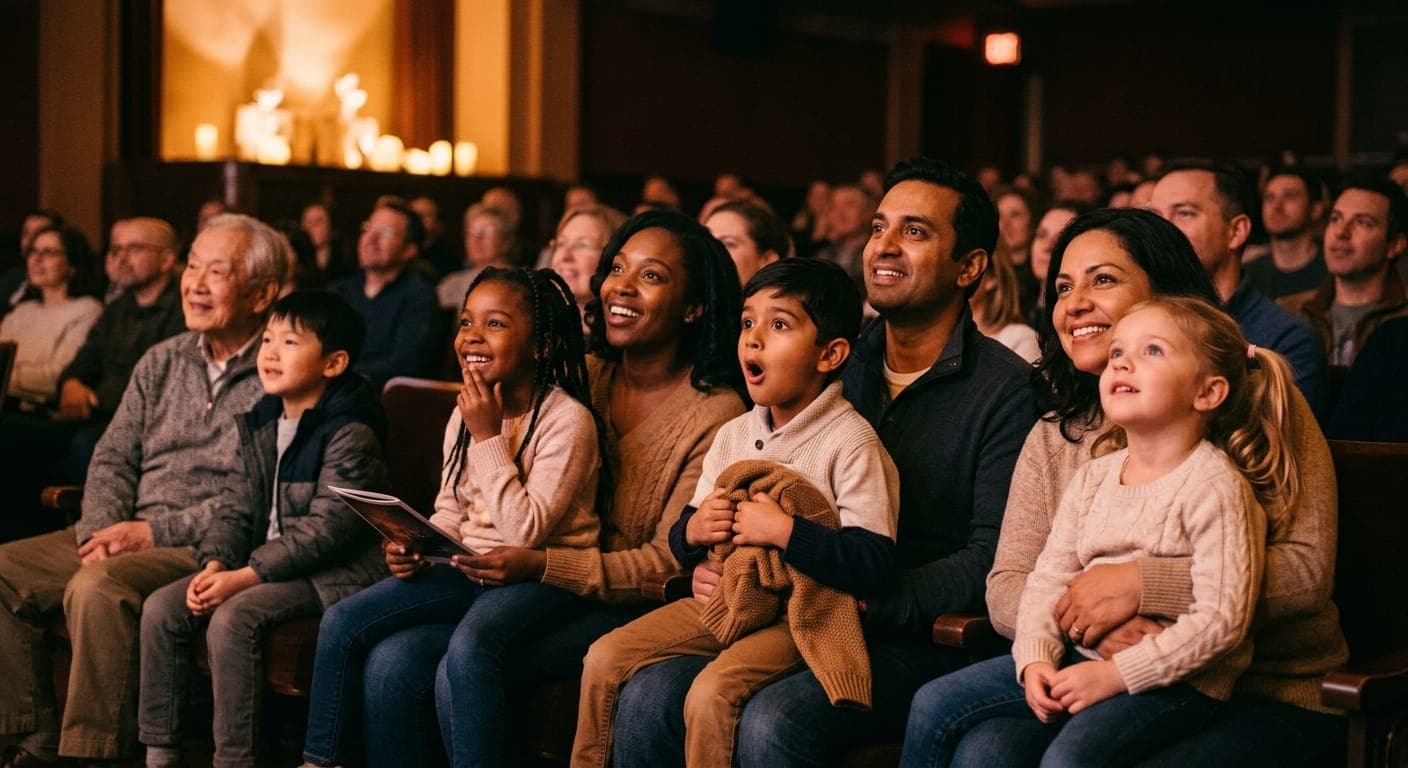 Familles de tous âges, émerveillées, assises dans une salle de spectacle