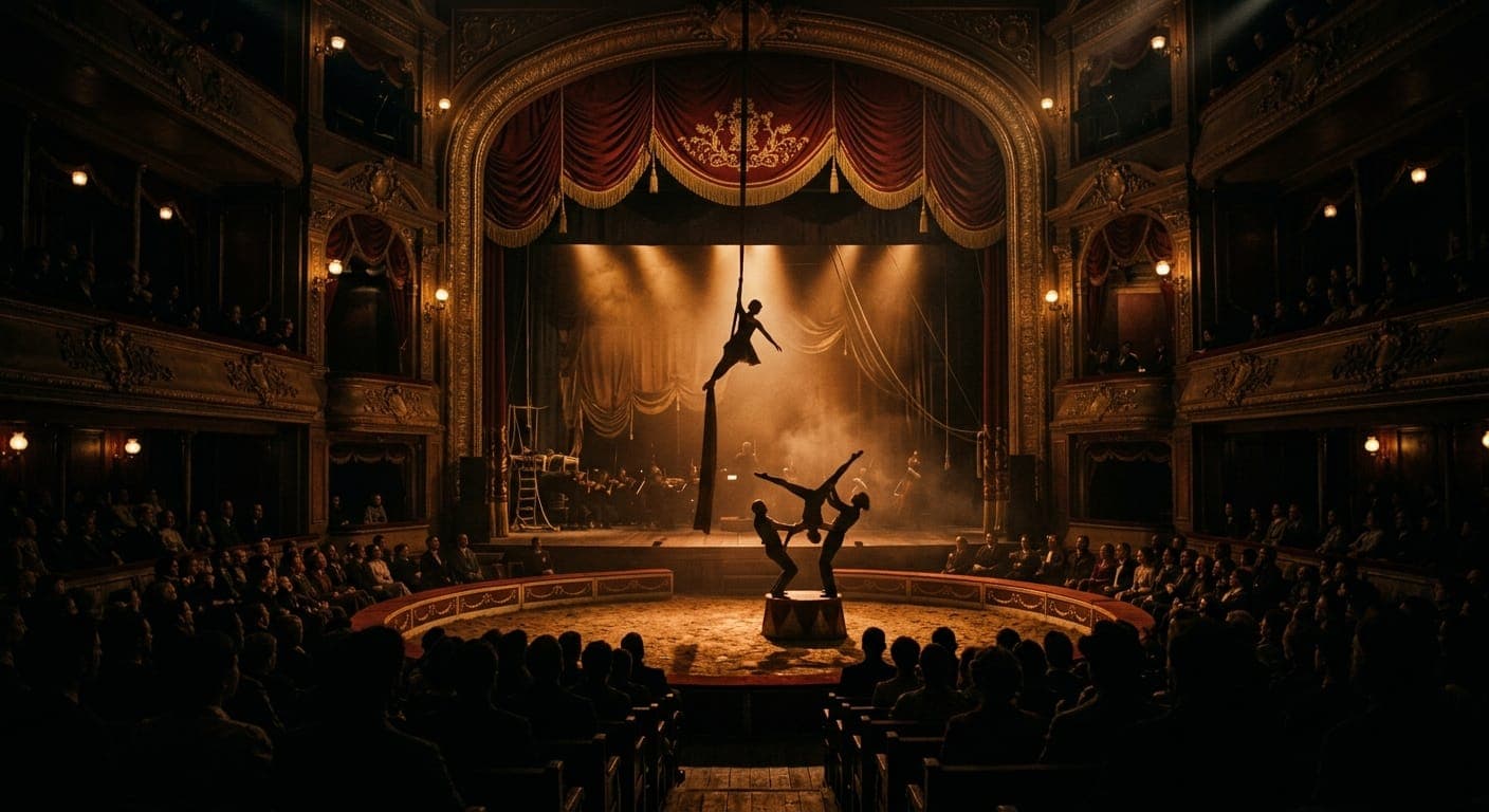 Acrobates et trapéziste sur une piste de cirque, dans un théâtre à l'italienne baigné de lumière dorée