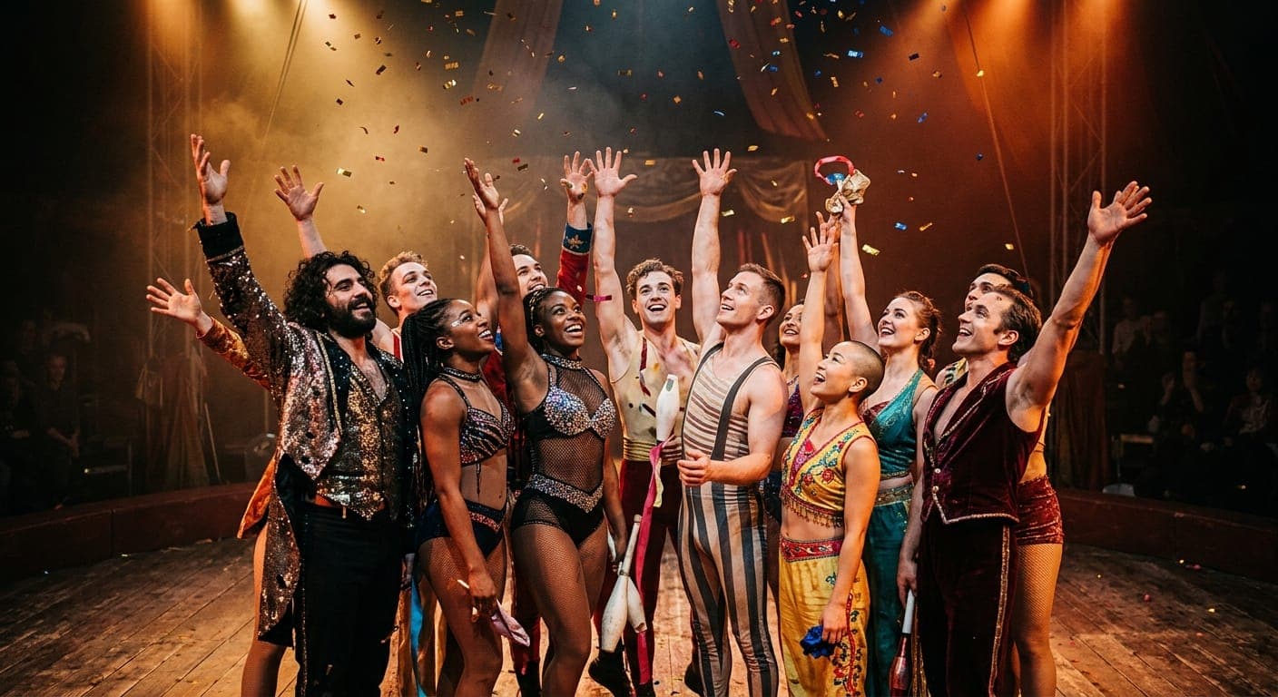 Troupe d'artistes en costumes, bras levés sous une pluie de confettis